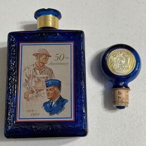 VTG JW Dant American Legion 50th Anniversary Cobalt Blue Glass Whiskey Decanter
